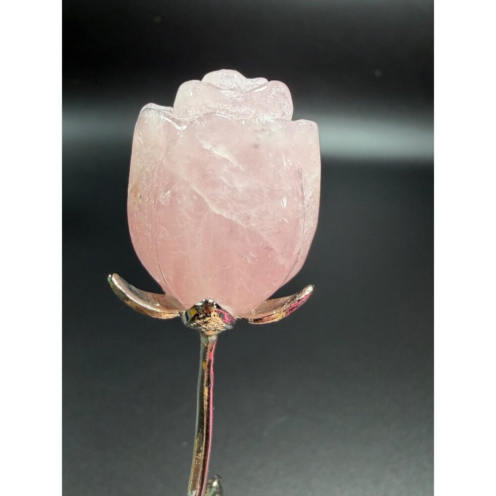 Hand Carved Rose Quartz Flower Pink Stone Healing Crystal Silver Tone Stem 6" - Picture 4 of 9